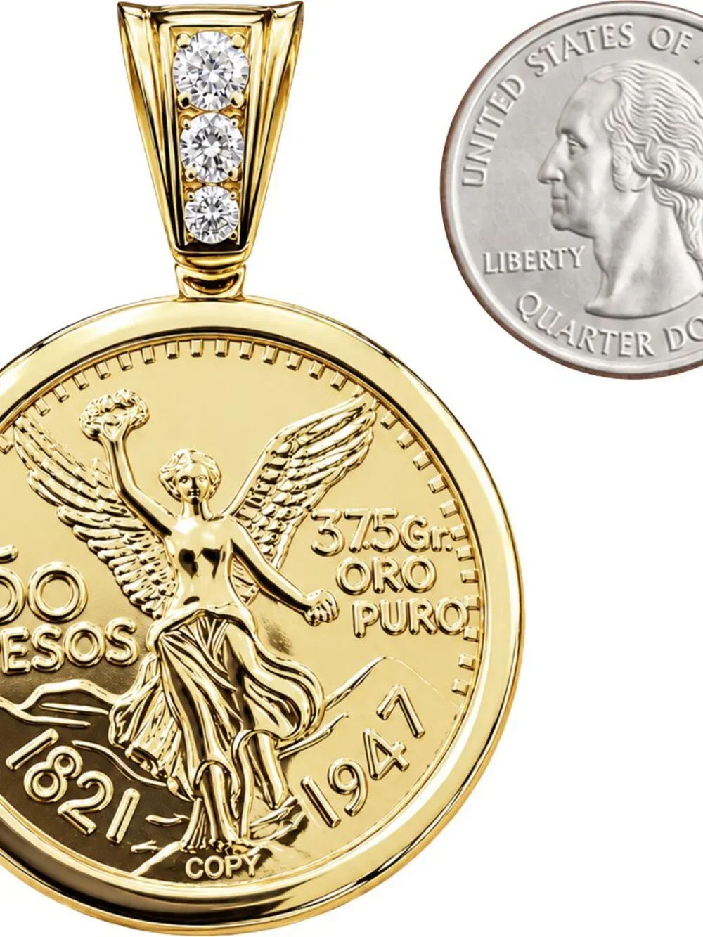14k Yellow Gold Plated AAACubic Zirconia Mexican Centenario 50 Peso Coin Pendant